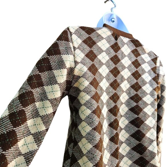 1970s Japan Knit Cardigan XS Argyle Brown Cream V-Neck Button Front - Picture 10 of 12